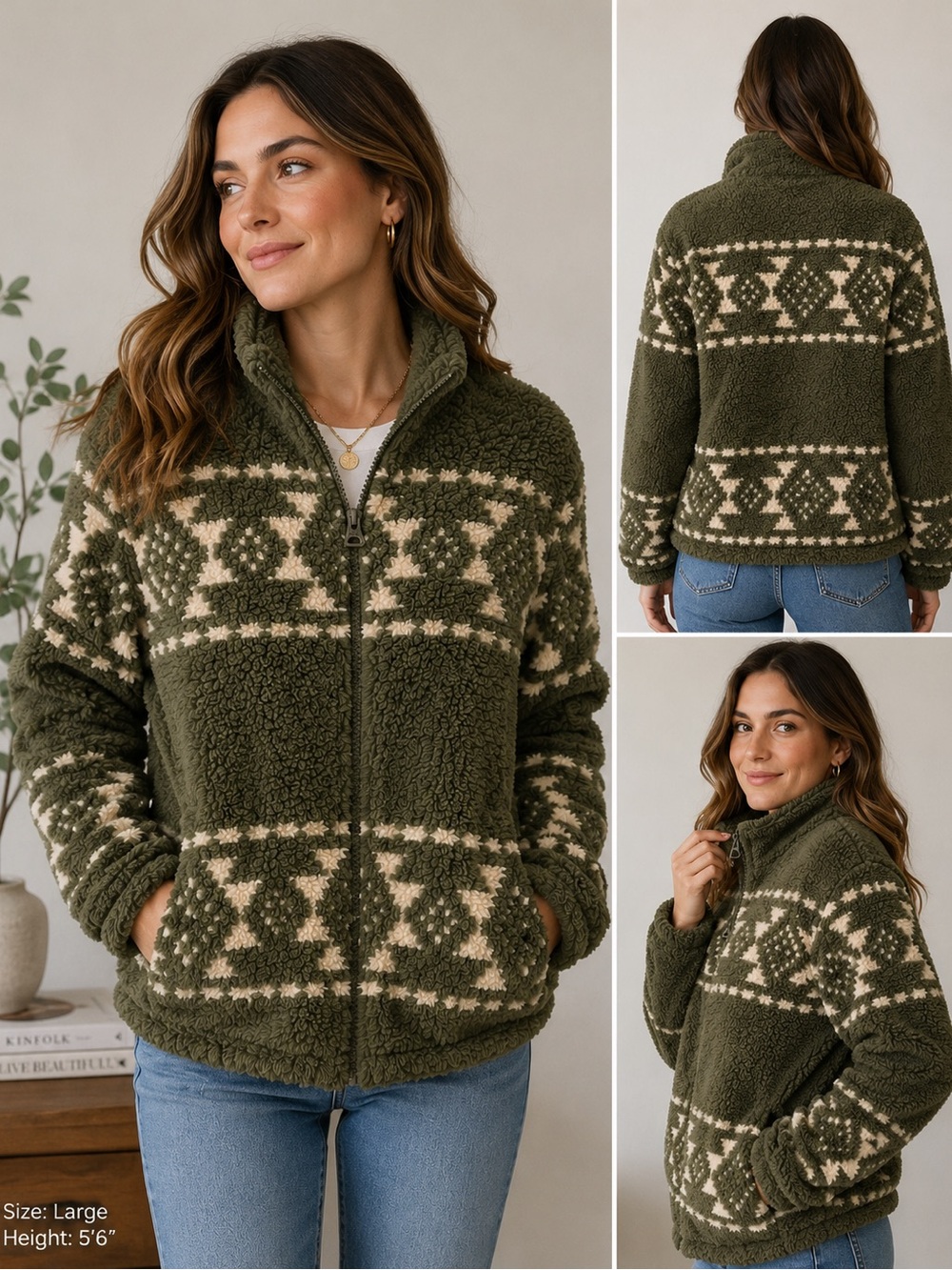 Lucky Brand Olive Sherpa Fleece Jacket Large
